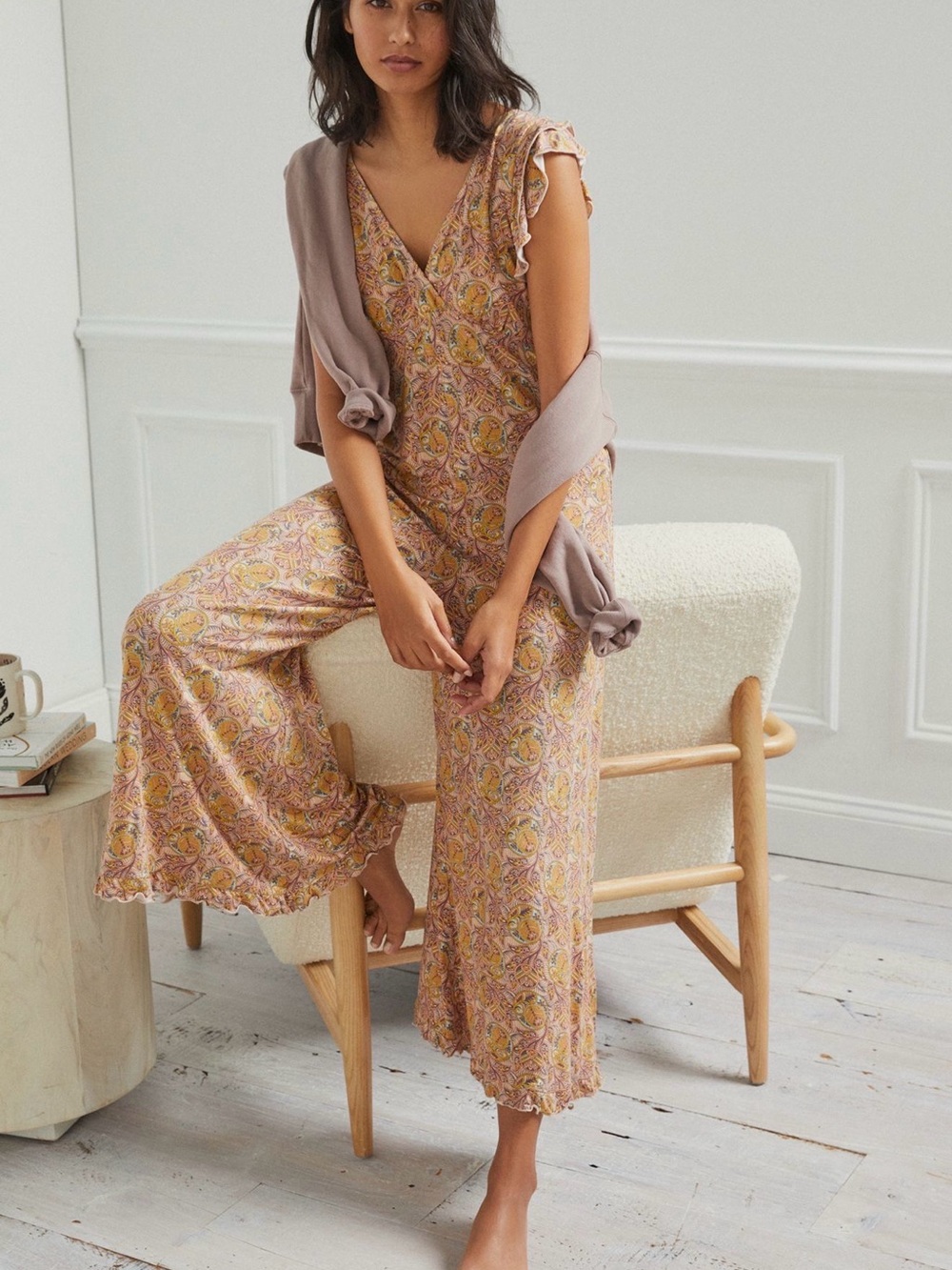 Anthropologie Peach Paisley V-Neck Wide-Leg Jumpsuit
